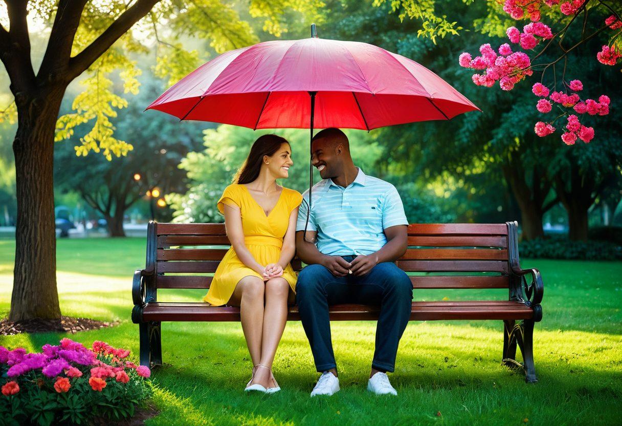 A peaceful couple sitting under a heart-shaped umbrella, sharing laughter in a serene park setting, surrounded by blooming flowers symbolizing love and affection. Soft, warm lighting casts a romantic glow, while subtle elements like a lock and key in the background represent security and protection in relationships. super-realistic. vibrant colors. soft focus.
