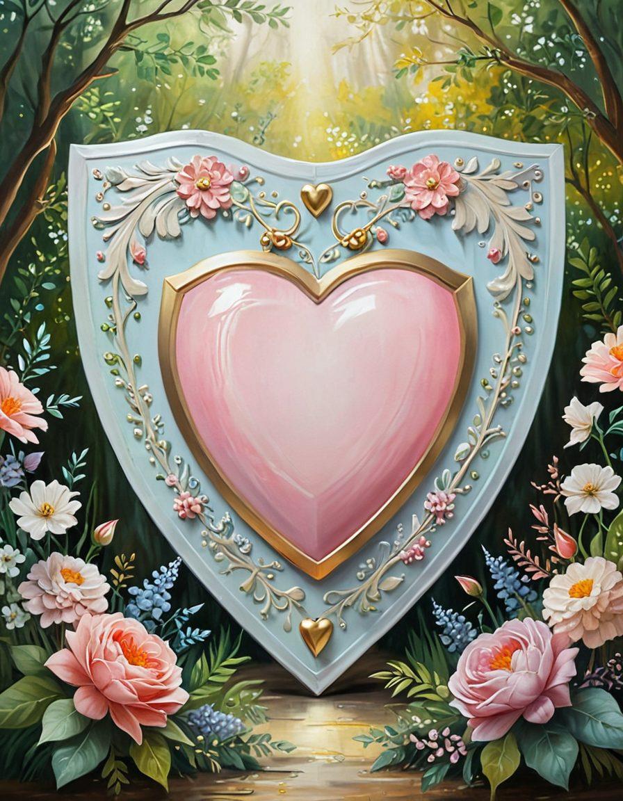 A heart-shaped shield symbolizing love, adorned with wedding rings, surrounded by protective elements like a cozy home and intertwined hands of a couple. Include soft colors, rays of sunlight highlighting the shield, conveying warmth and security. Use a romantic, dreamy style with a touch of whimsy. romantic painting. vibrant colors. soft background.