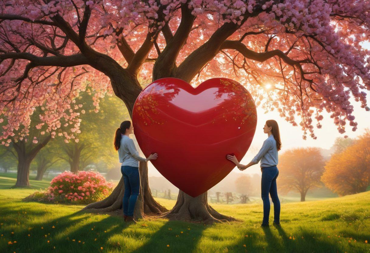 A heart-shaped shield representing love insurance, with vibrant colors symbolizing protection and warmth. In the background, a couple holding hands under a blooming tree, emphasizing connection and trust. Soft light illuminating the scene to evoke a sense of security and optimism. Include subtle symbols of love, such as flowers and intertwined rings. super-realistic. vibrant colors.